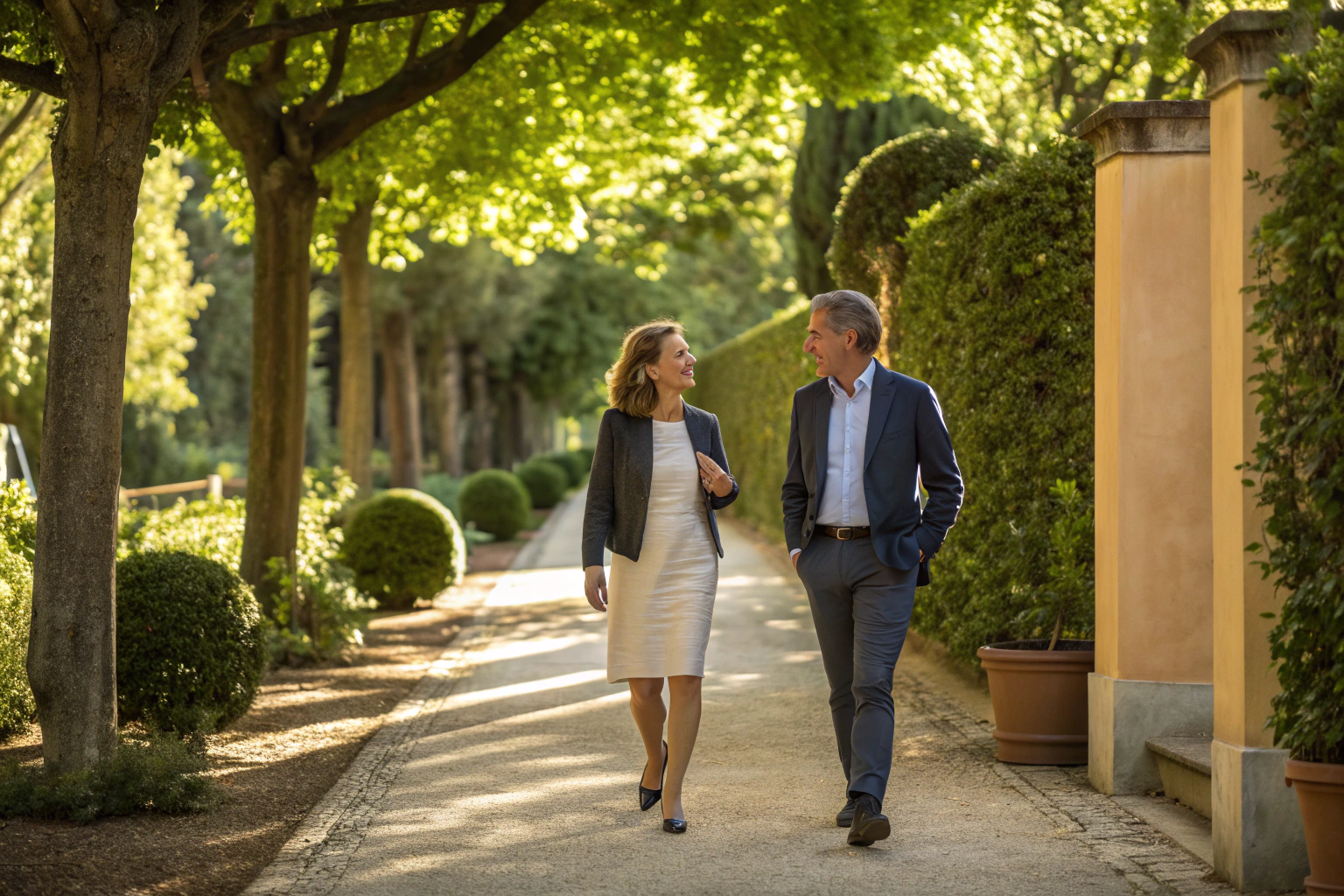 Stel loopt samen door zonverlichte tuin in open gesprek