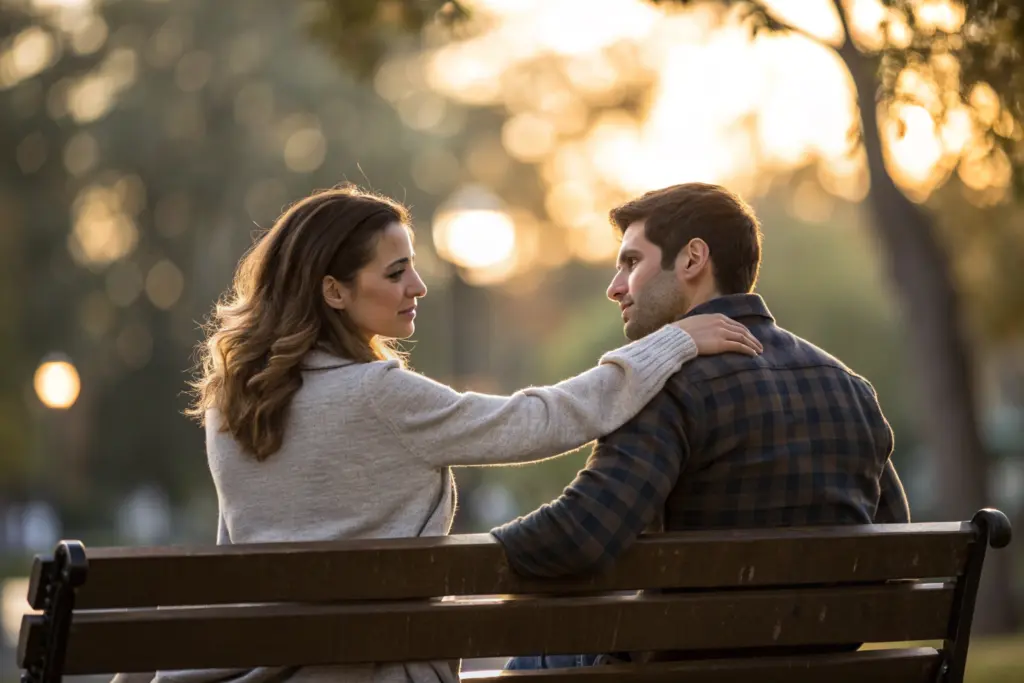 Stel grenzen stellen in je relatie samen op een parkbankje bij zonsondergang