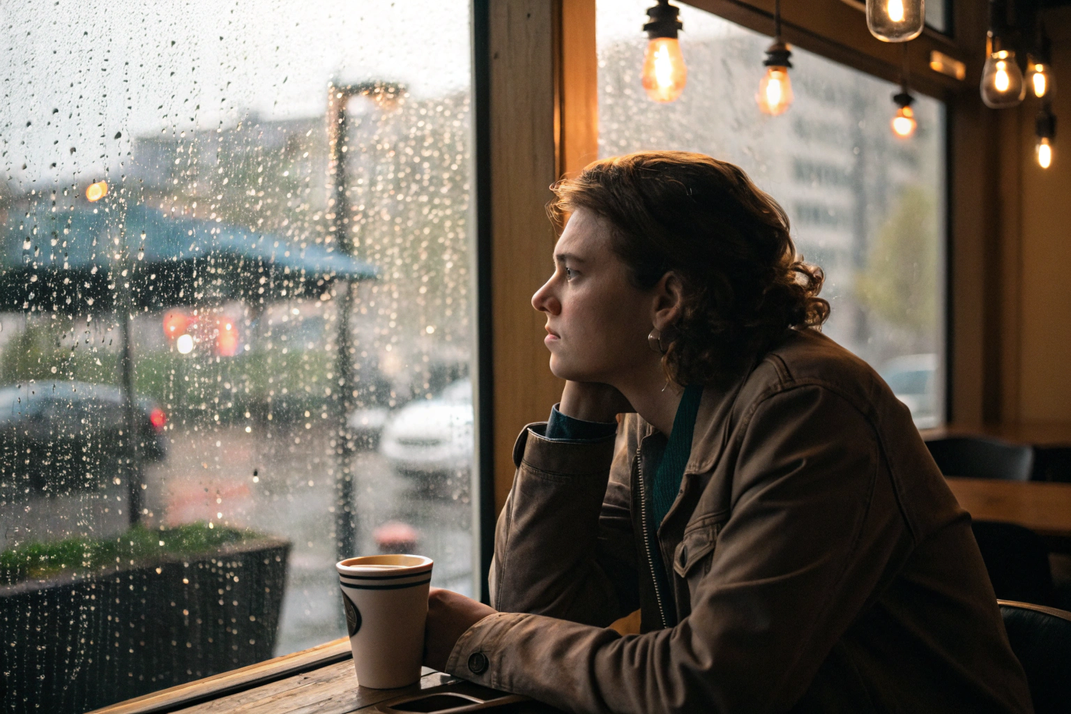 Vrouw zit nadenkend alleen in een cafe terwijl ze nadenkt over haar grenzen