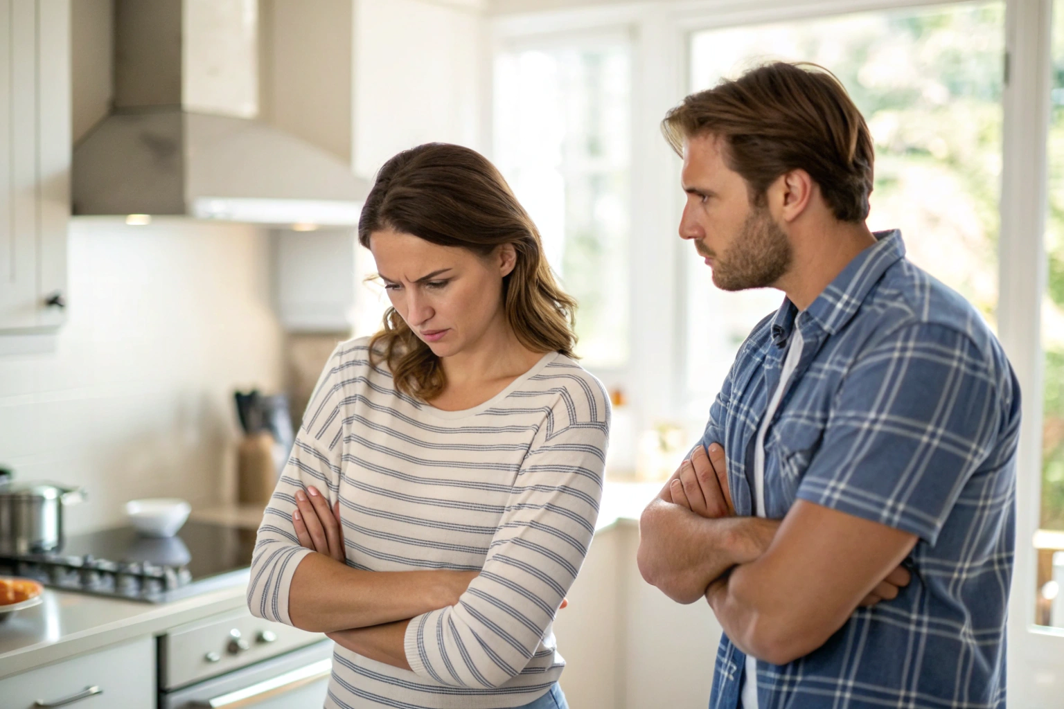 Stel in keuken met spanning in lichaamstaal door niet uitgesproken grenzen