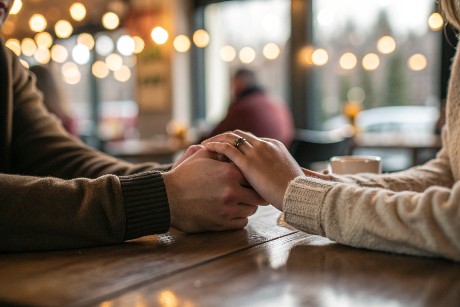 Handen van een stel ineengestrengeld op tafel als symbool van verbinding