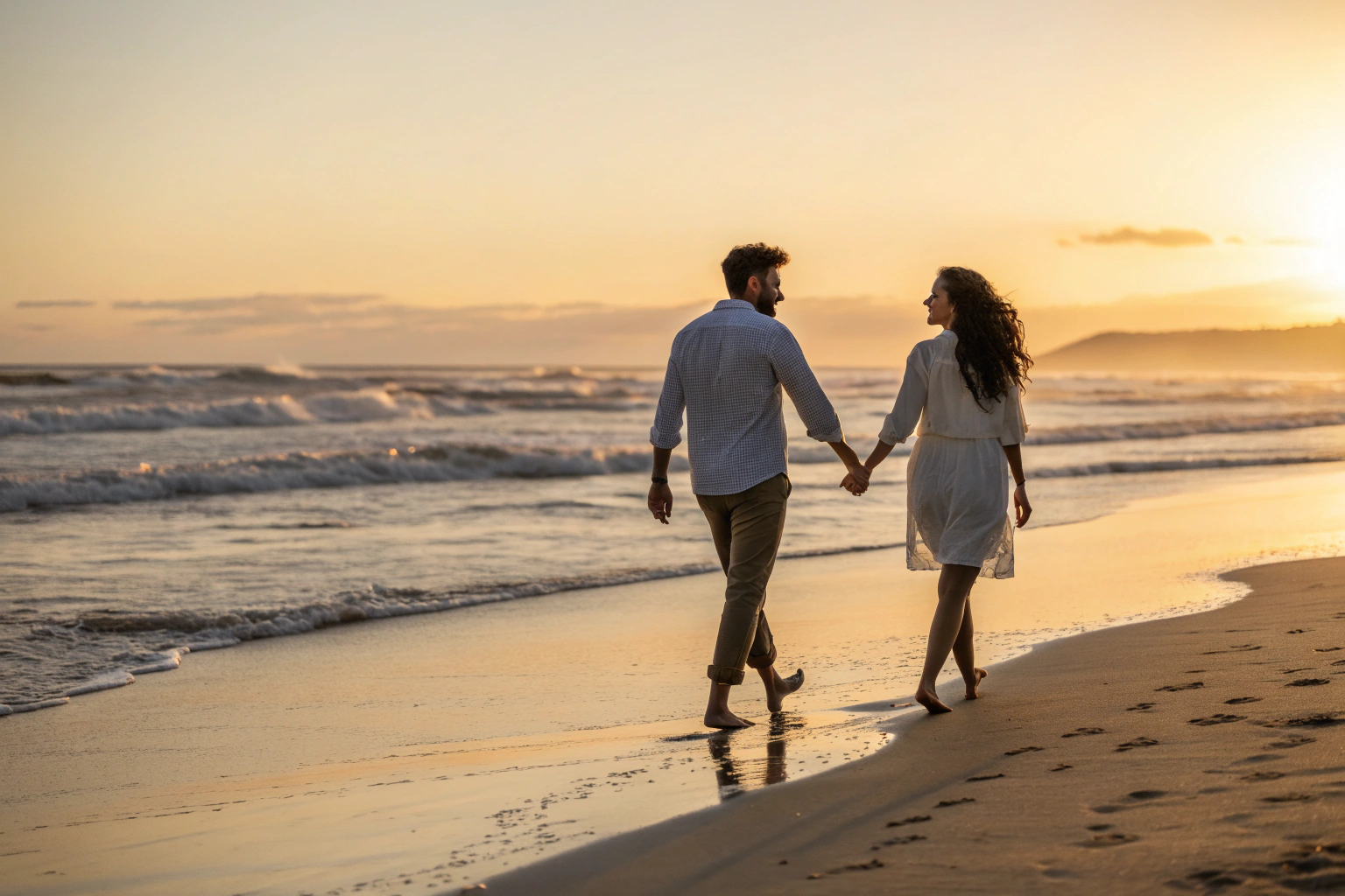 Stel wandelt samen op het strand bij zonsondergang met respectvolle ruimte
