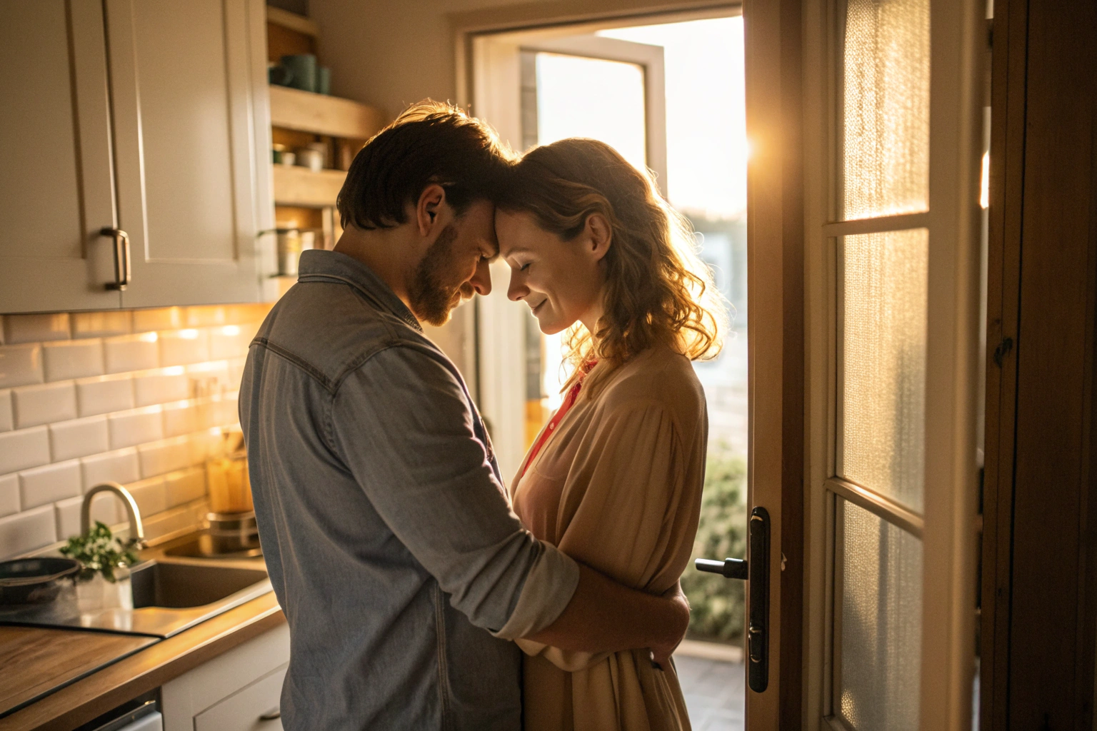 Stel omarmt elkaar in deuropening als moment van herverbinding