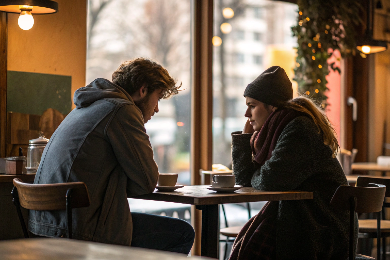 Twee mensen in café met voelbare spanning en emotionele afstand