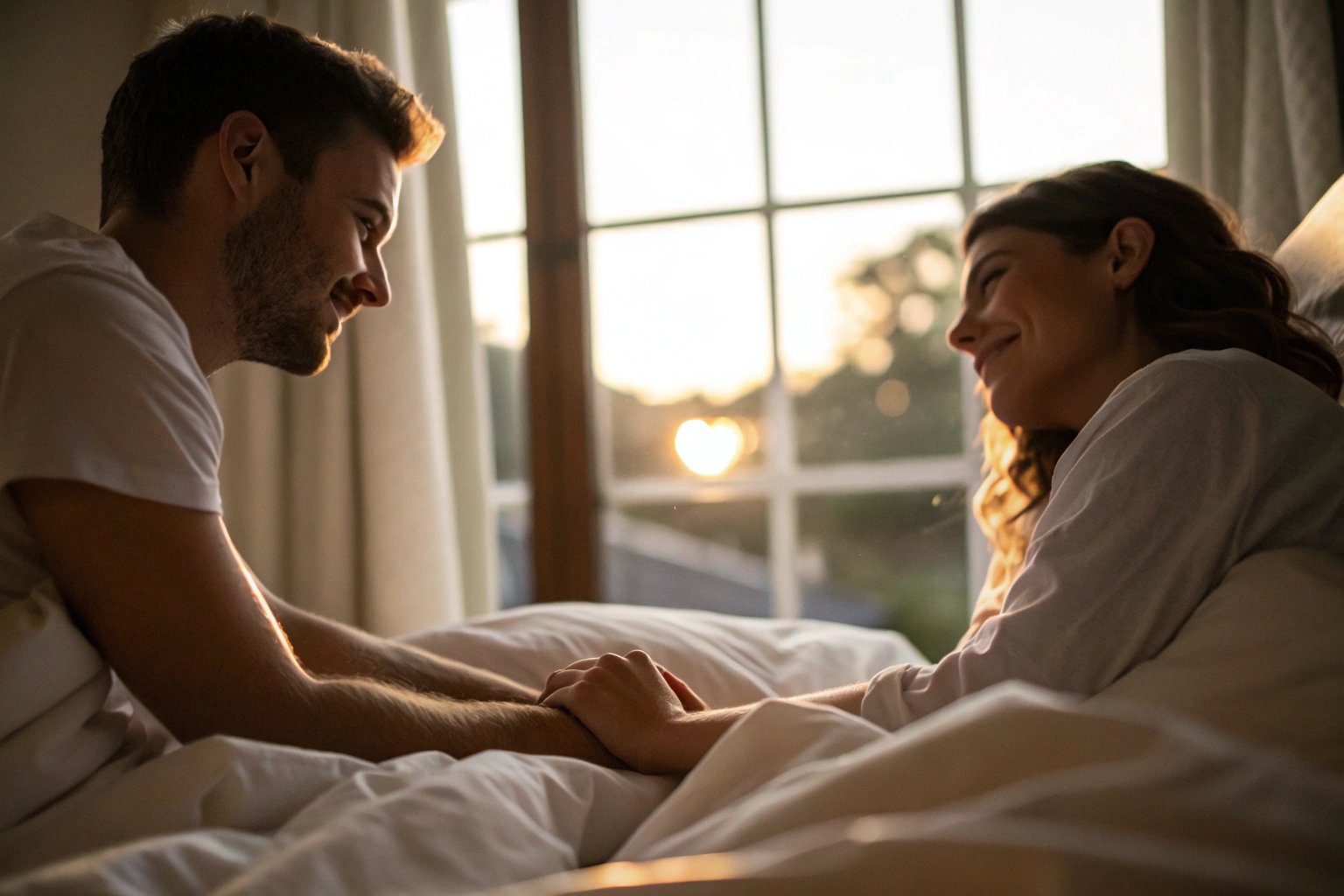 Twee mensen die hand in hand wakker worden met ochtendlicht
