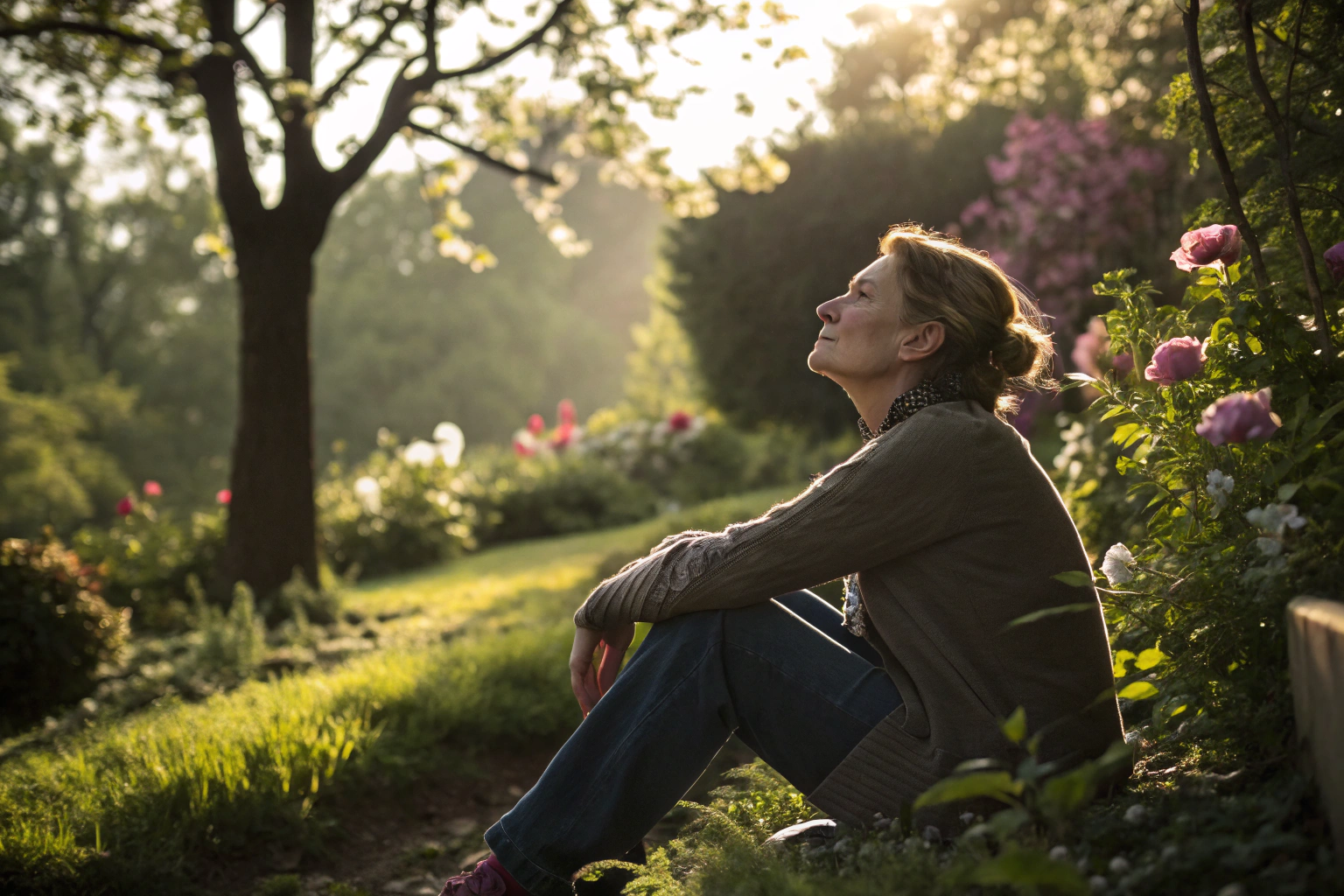 Vrouw in tuin - introspectie en zelfbezinning