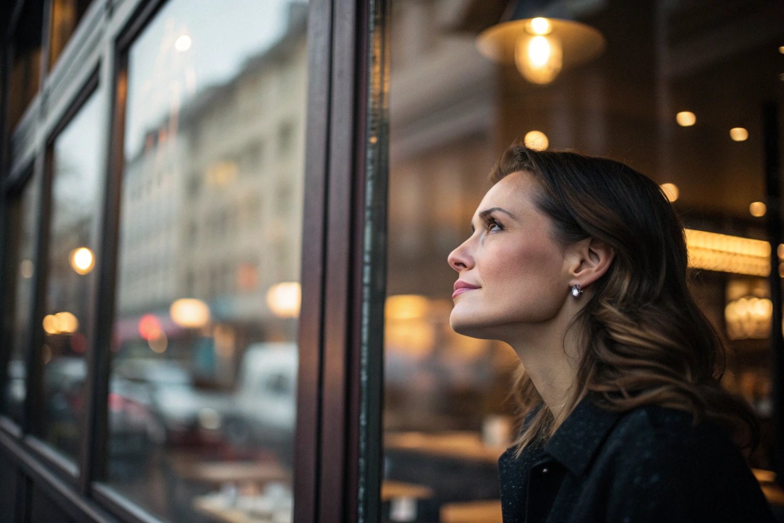Vrouw kijkt uit raam café - diepe gedachten