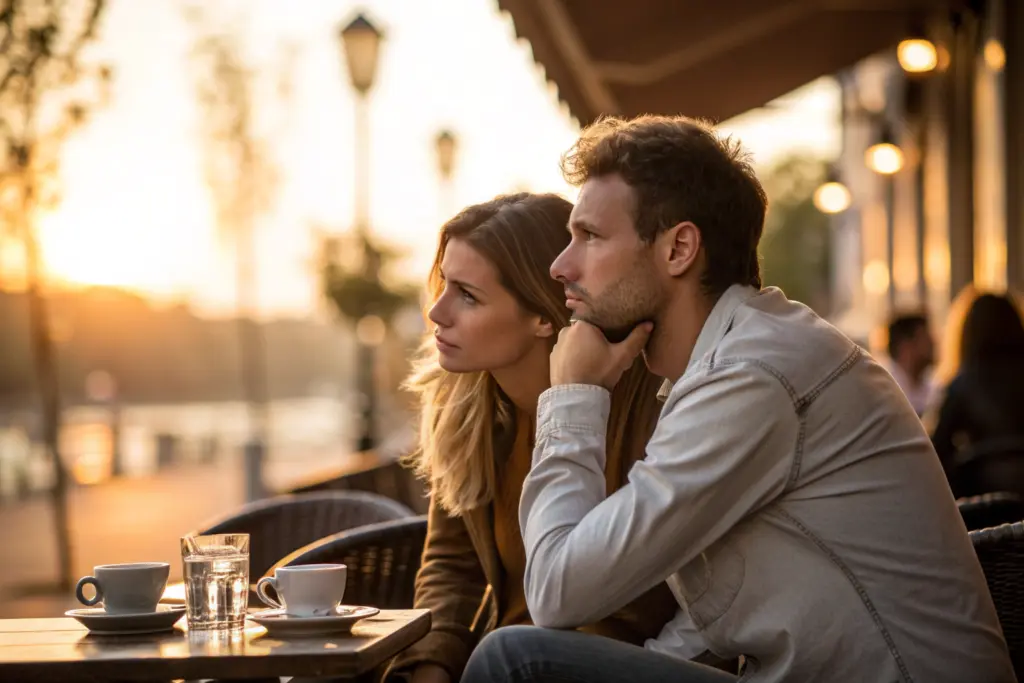 Stel op caféterras waarbij jaloezie in langdurige relaties voelbaar is