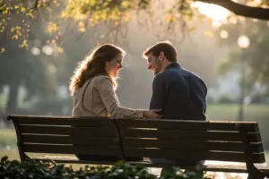 Stel dat elkaars hand vasthoudt op een parkbank bij zonsondergang