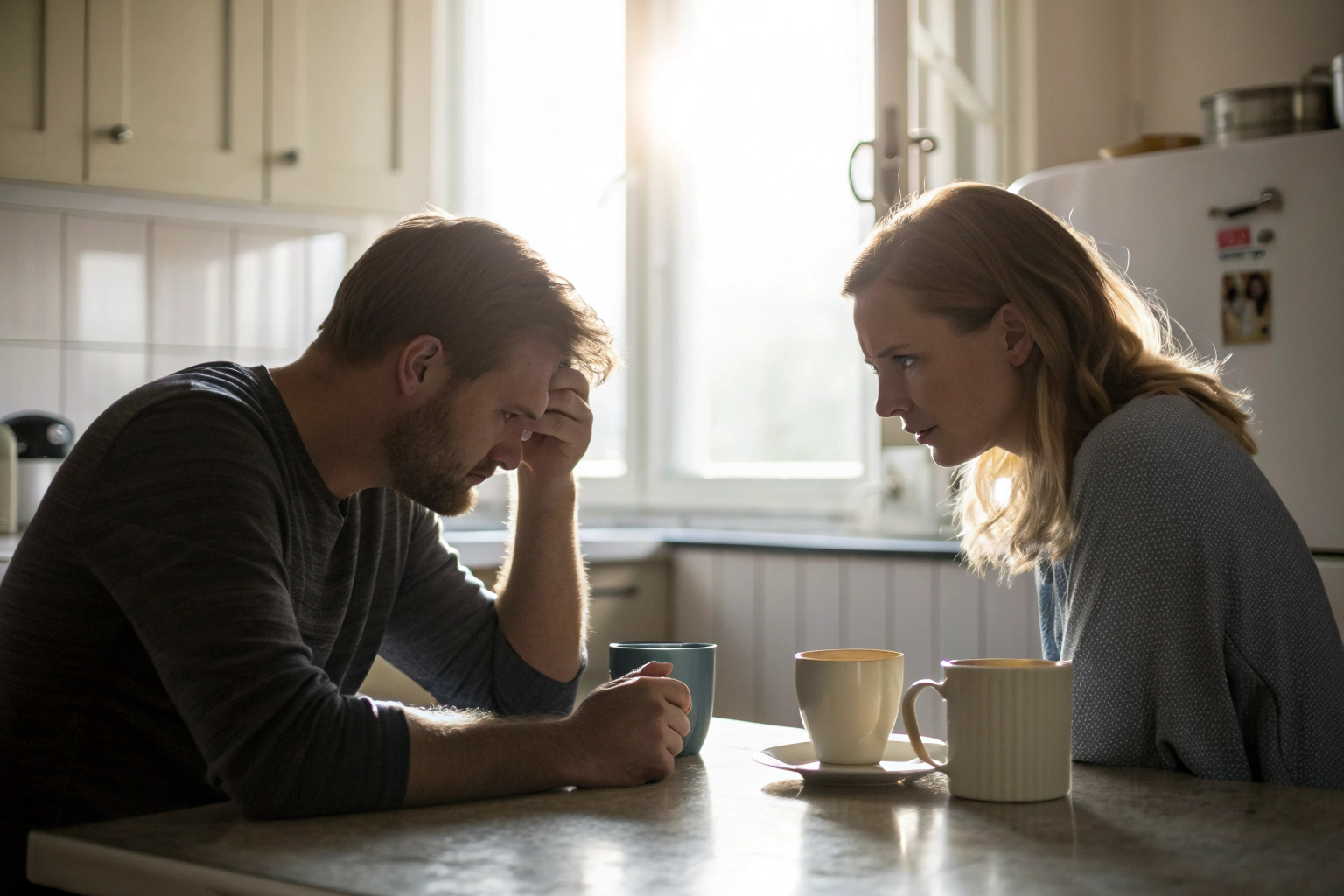 Stel in een diep gesprek aan de keukentafel met koffie