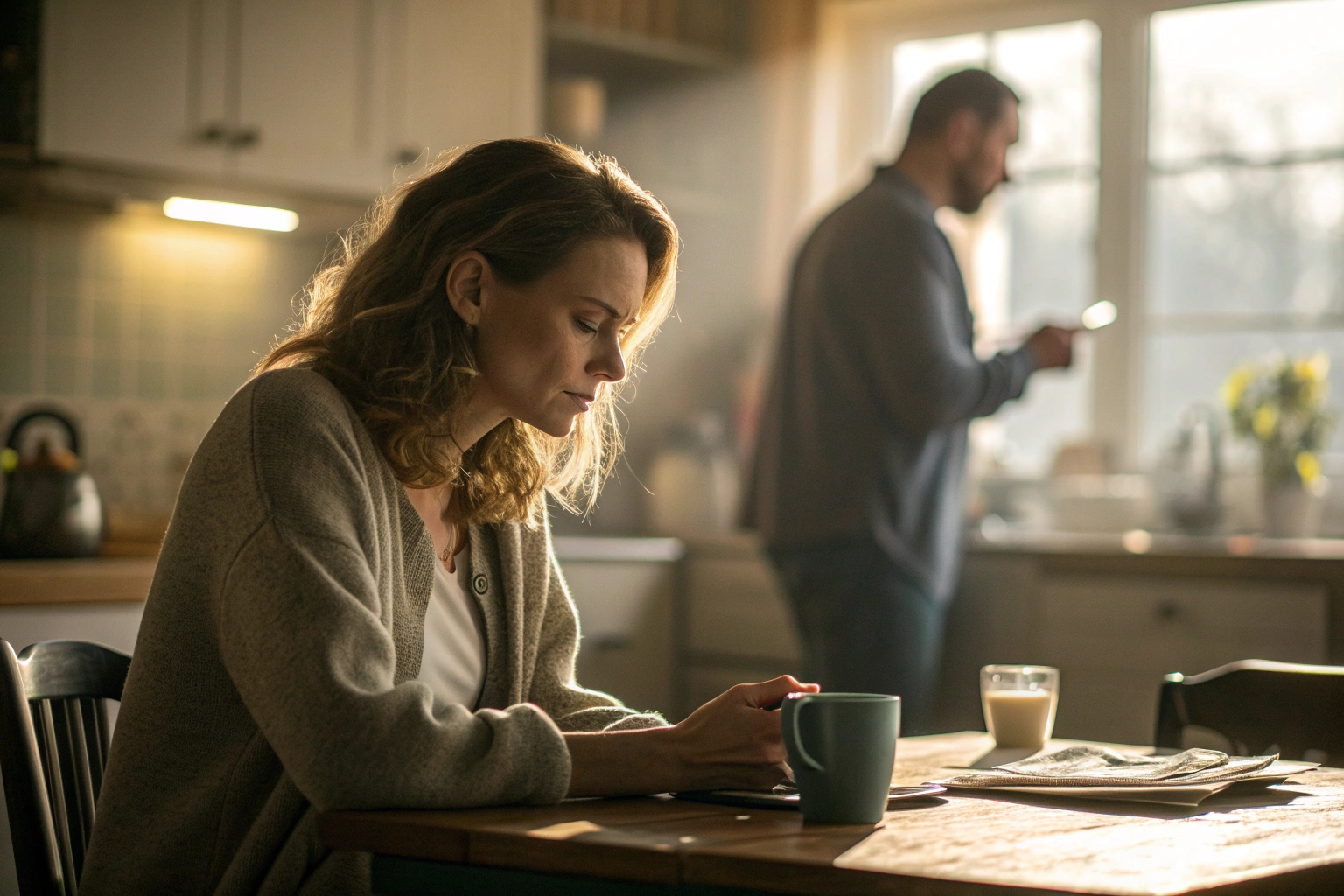 Vrouw voelt zich onbegrepen aan de keukentafel terwijl partner op telefoon kijkt