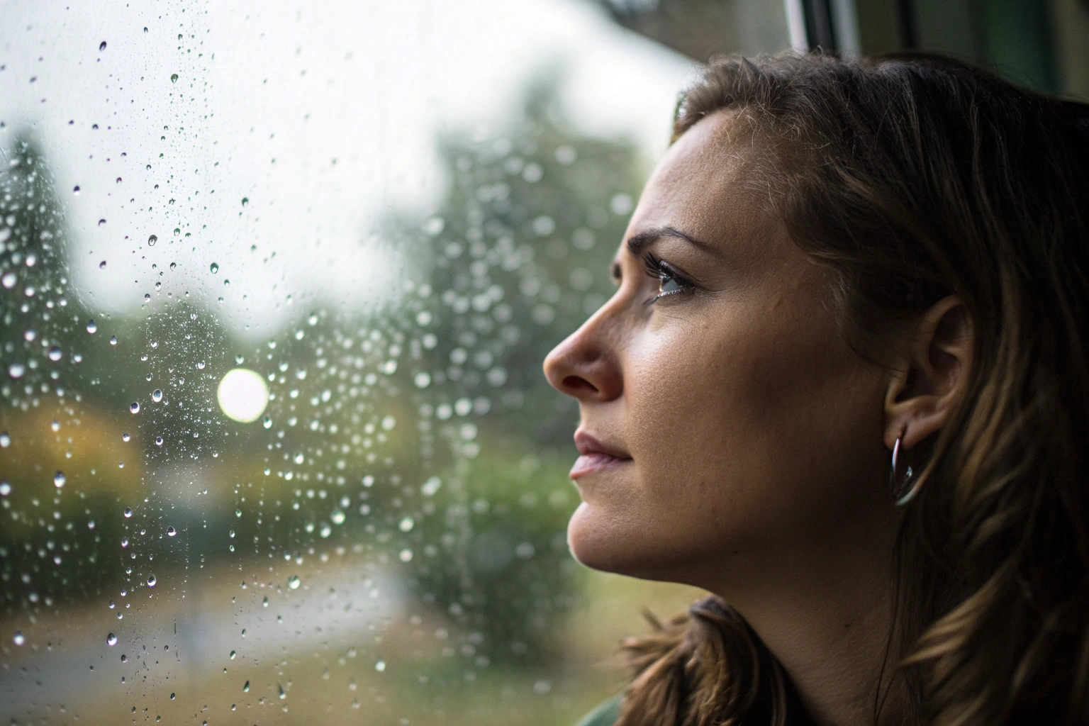 Vrouw die peinzend uit het raam kijkt tijdens een emotioneel moment
