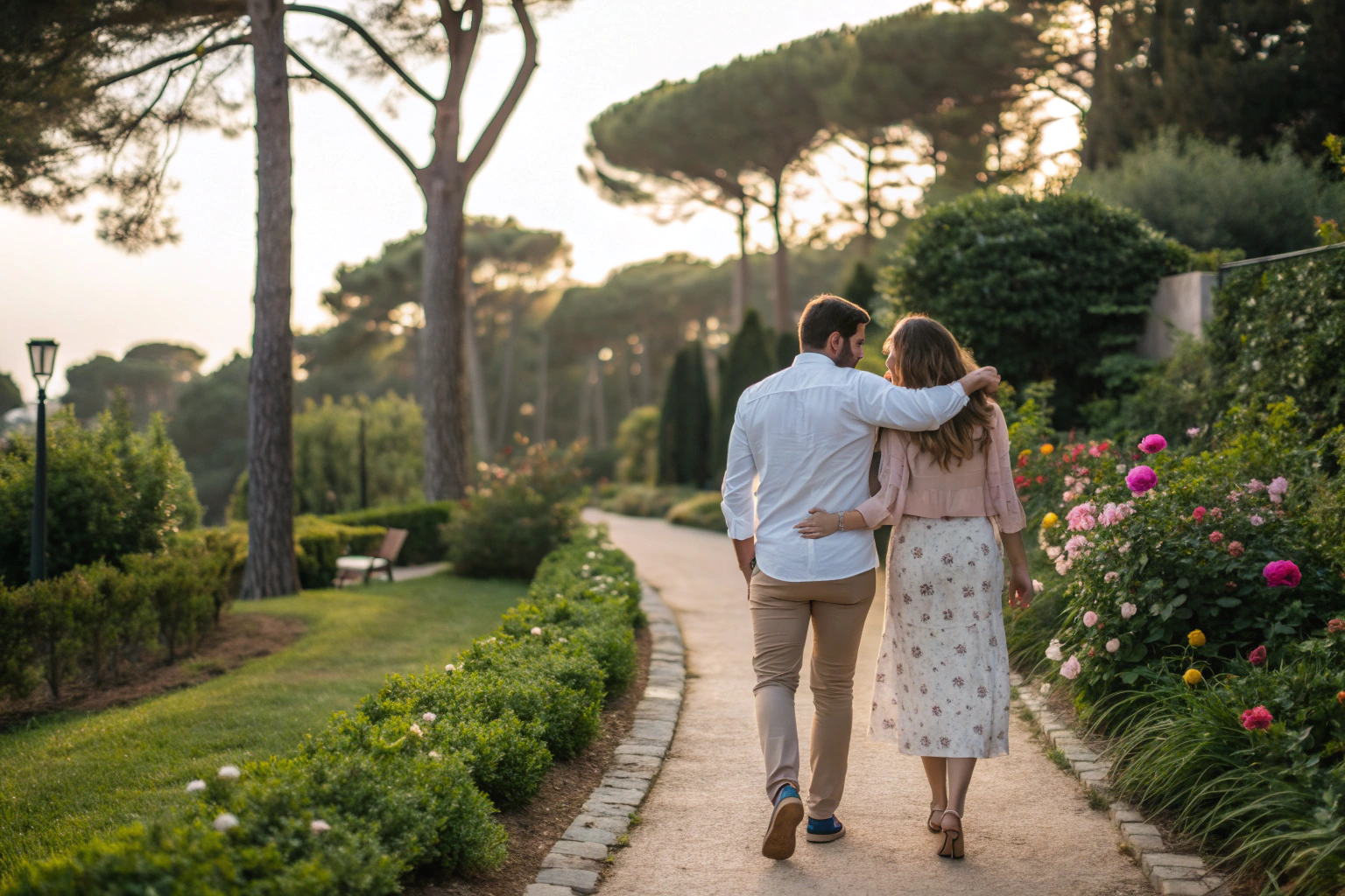 Stel dat samen door een tuinpad wandelt terwijl ze verbinding herstellen