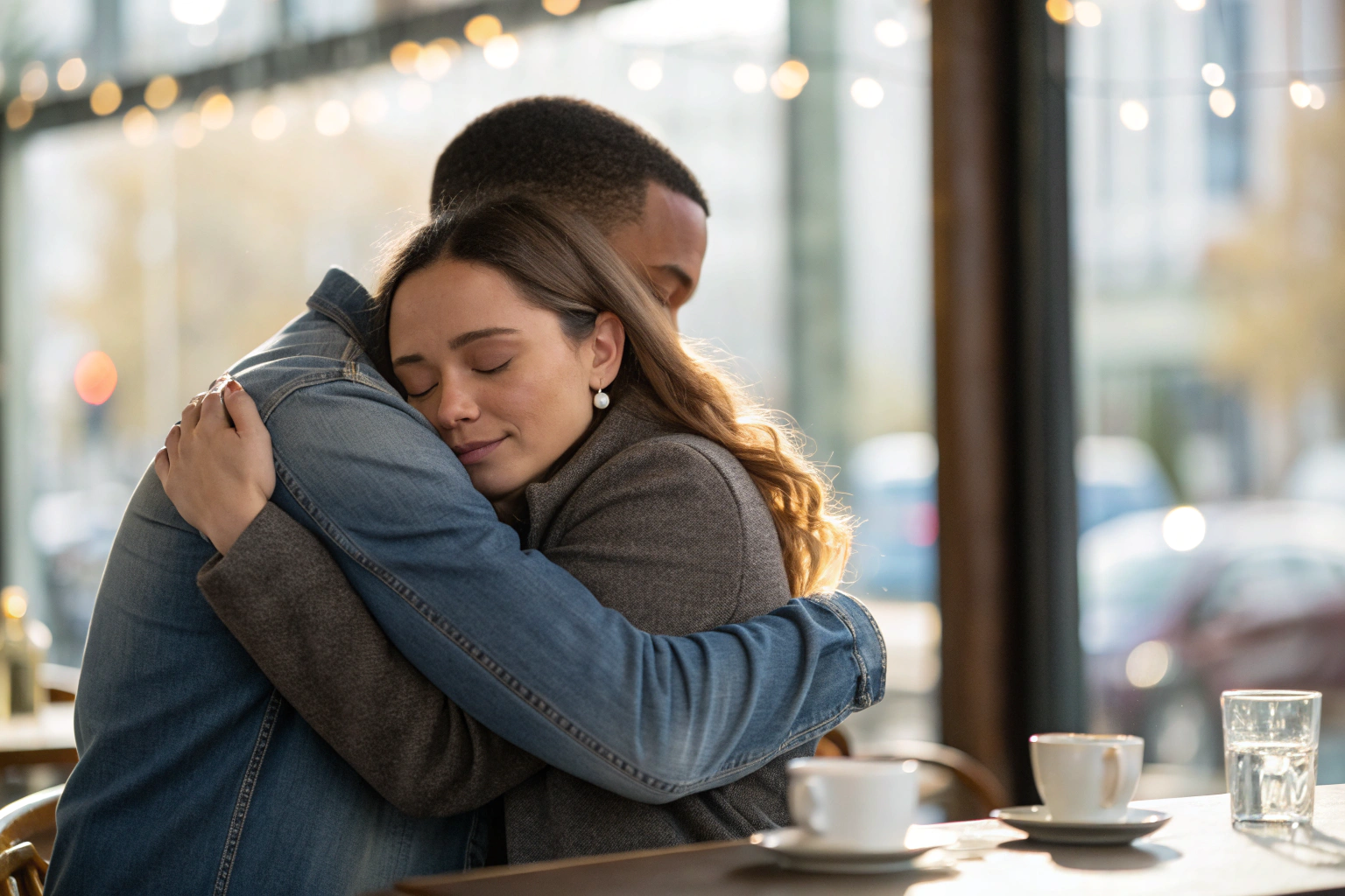 Stel dat elkaar liefdevol omhelst in een cafe met warme sfeer