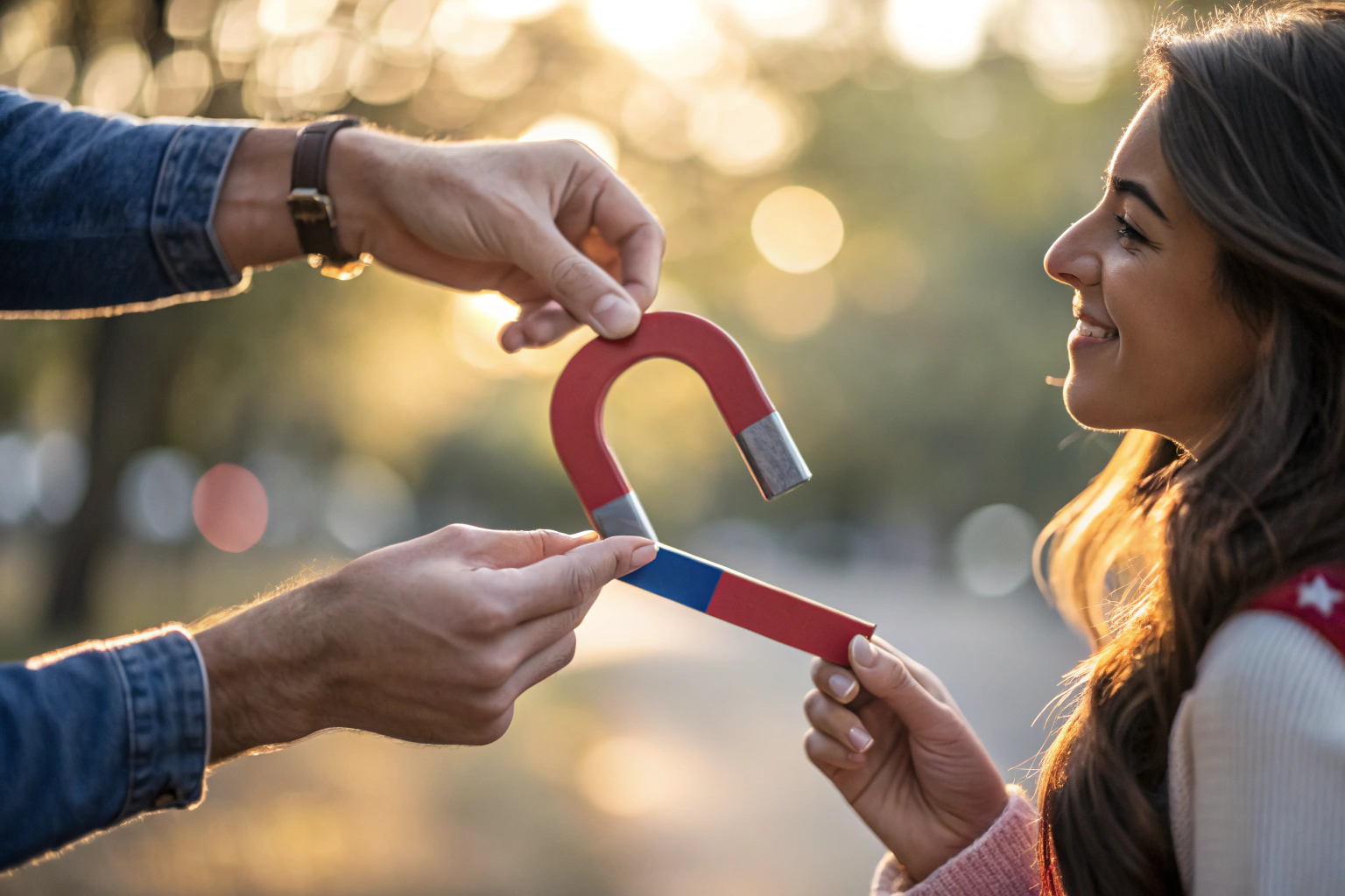 Twee handen met magneten die naar elkaar toe trekken als metafoor voor polariteit