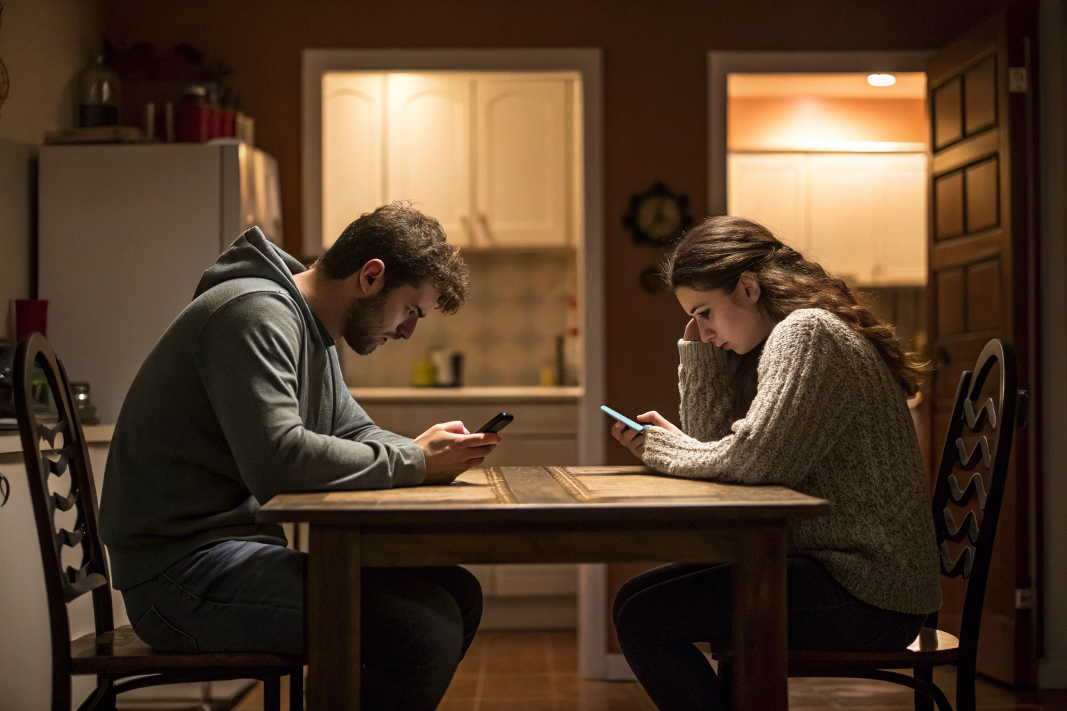 Stel aan keukentafel met emotionele afstand als beeld van verdwijnende polariteit