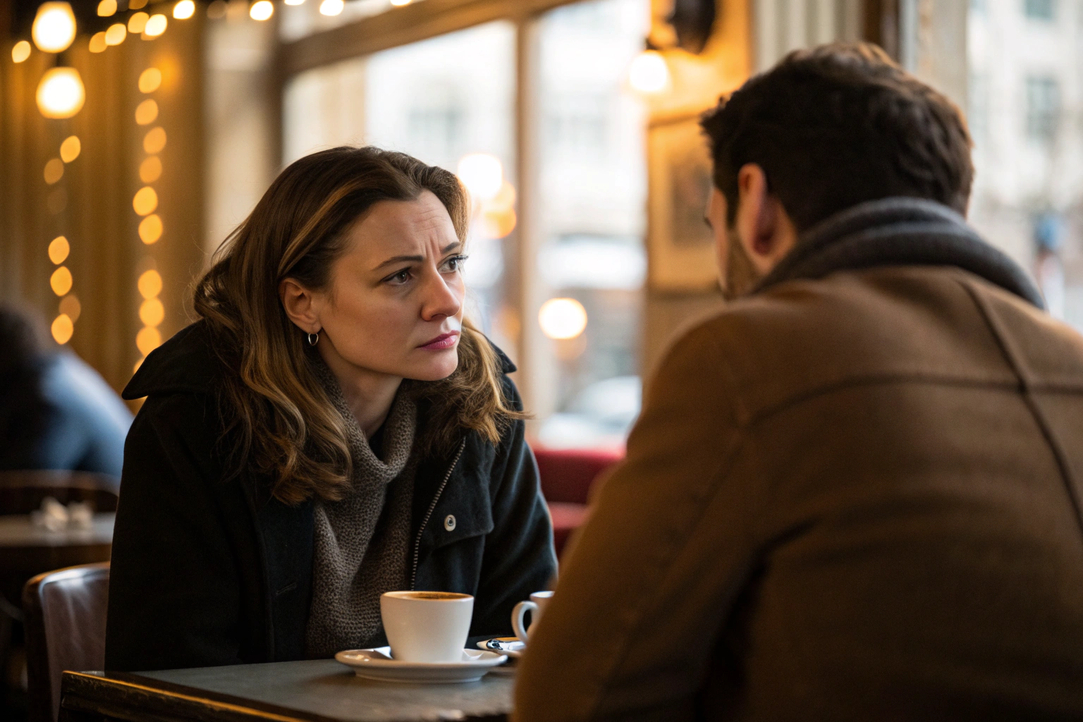 Vrouw kijkt kwetsbaar naar partner in café als beeld van bewuste complementariteit