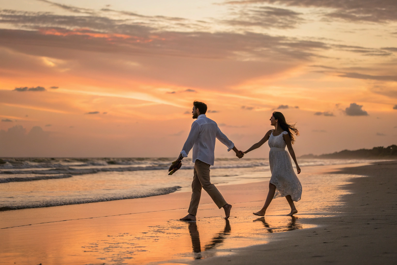 Stel wandelt hand in hand op strand bij zonsondergang met vertrouwen en verbinding