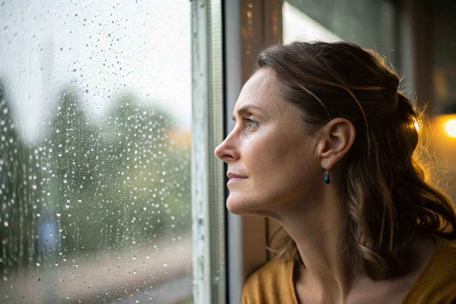 Peinzende vrouw kijkt uit het raam en voelt zich eenzaam in haar relatie