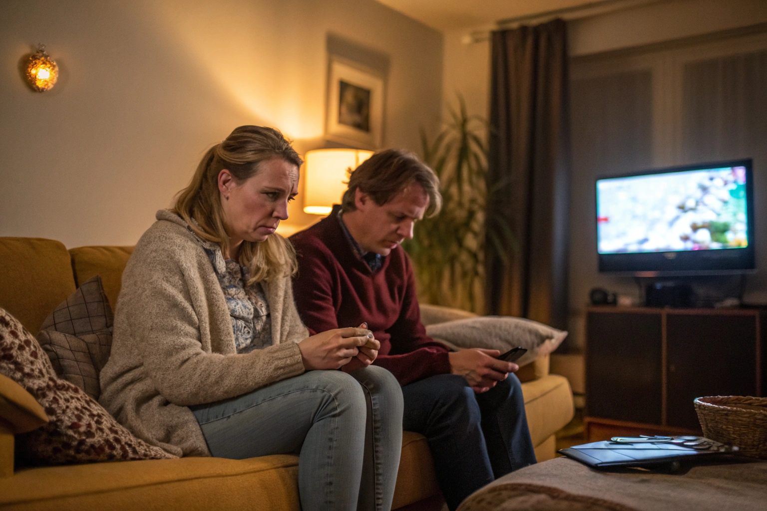 Stel zit samen op de bank maar is emotioneel van elkaar verwijderd