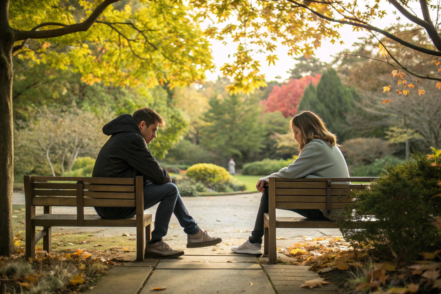 Twee partners op afstand van elkaar als symbool voor de angst-vermijding spiraal