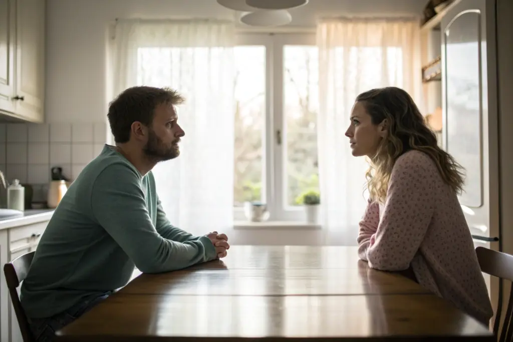Stel zit aan weerszijden van keukentafel met emotionele afstand