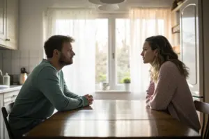 Stel zit aan weerszijden van keukentafel met emotionele afstand