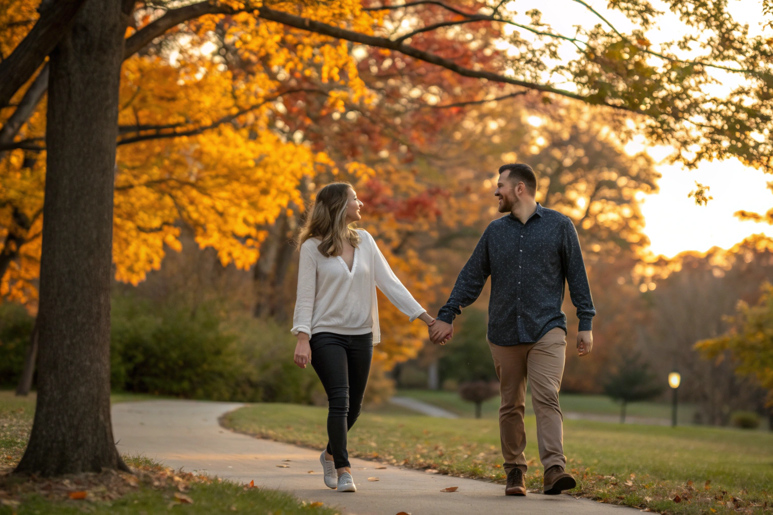 Stel loopt hand in hand door park en vindt wij-bewustzijn in relatie terug