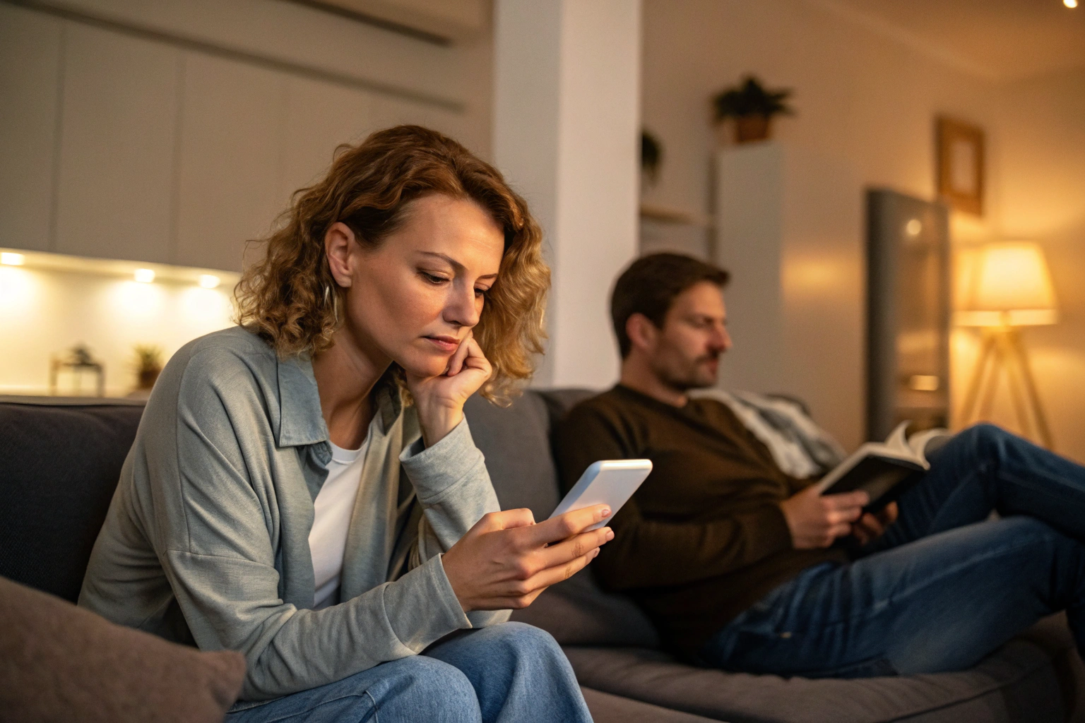 Vrouw kijkt nadenkend naar telefoon terwijl partner op achtergrond leest