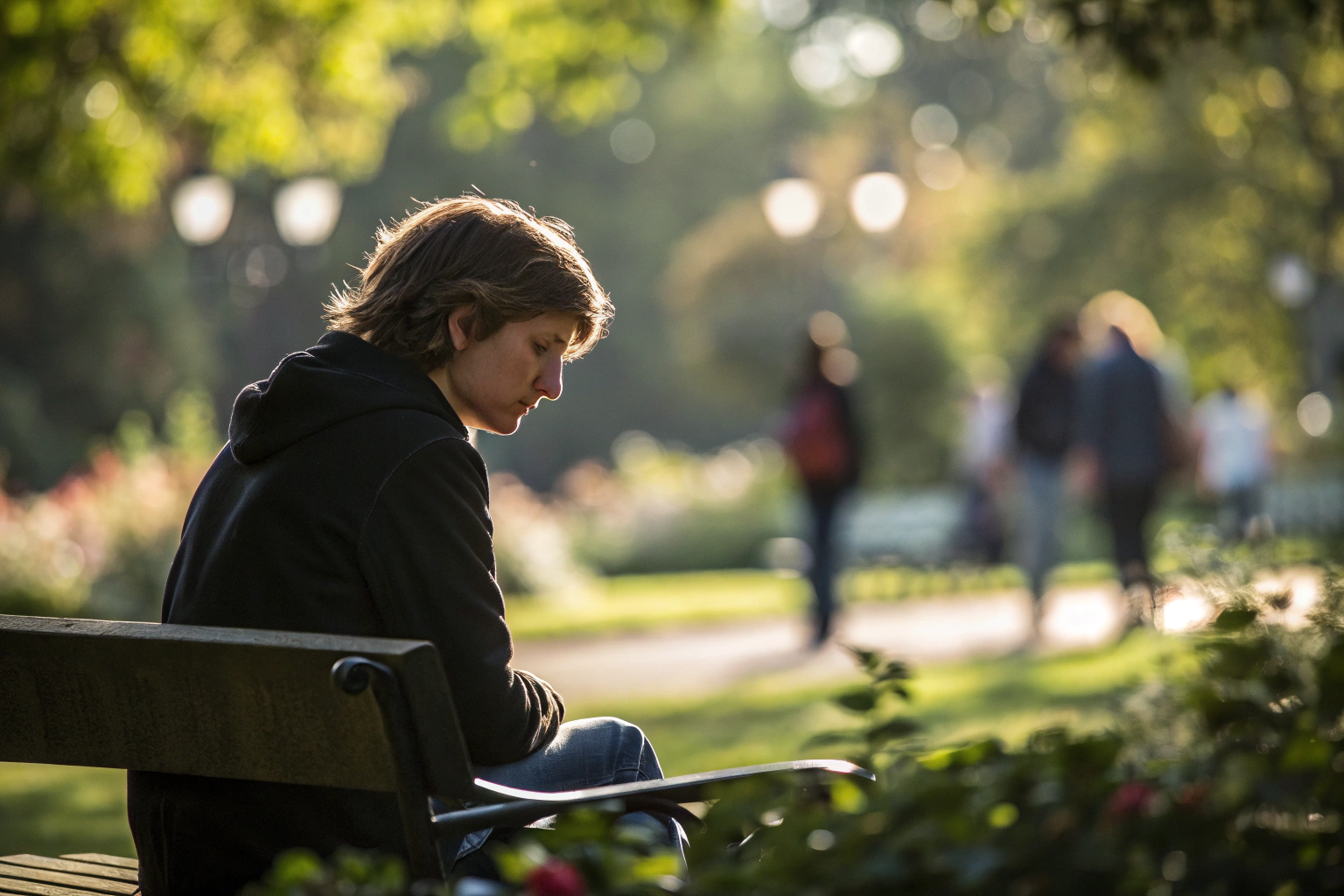 Persoon zit nadenkend op bankje en reflecteert over jeugdpatronen