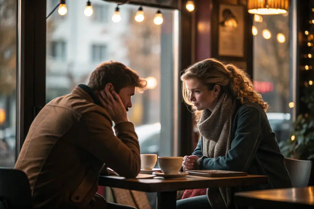 Stel in kwetsbaar gesprek in café over schaamte en superioriteit