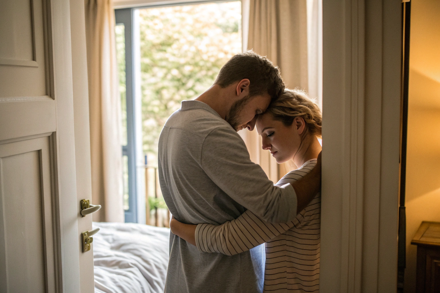 Stel omarmt elkaar troostend als wijze volwassene in relatie