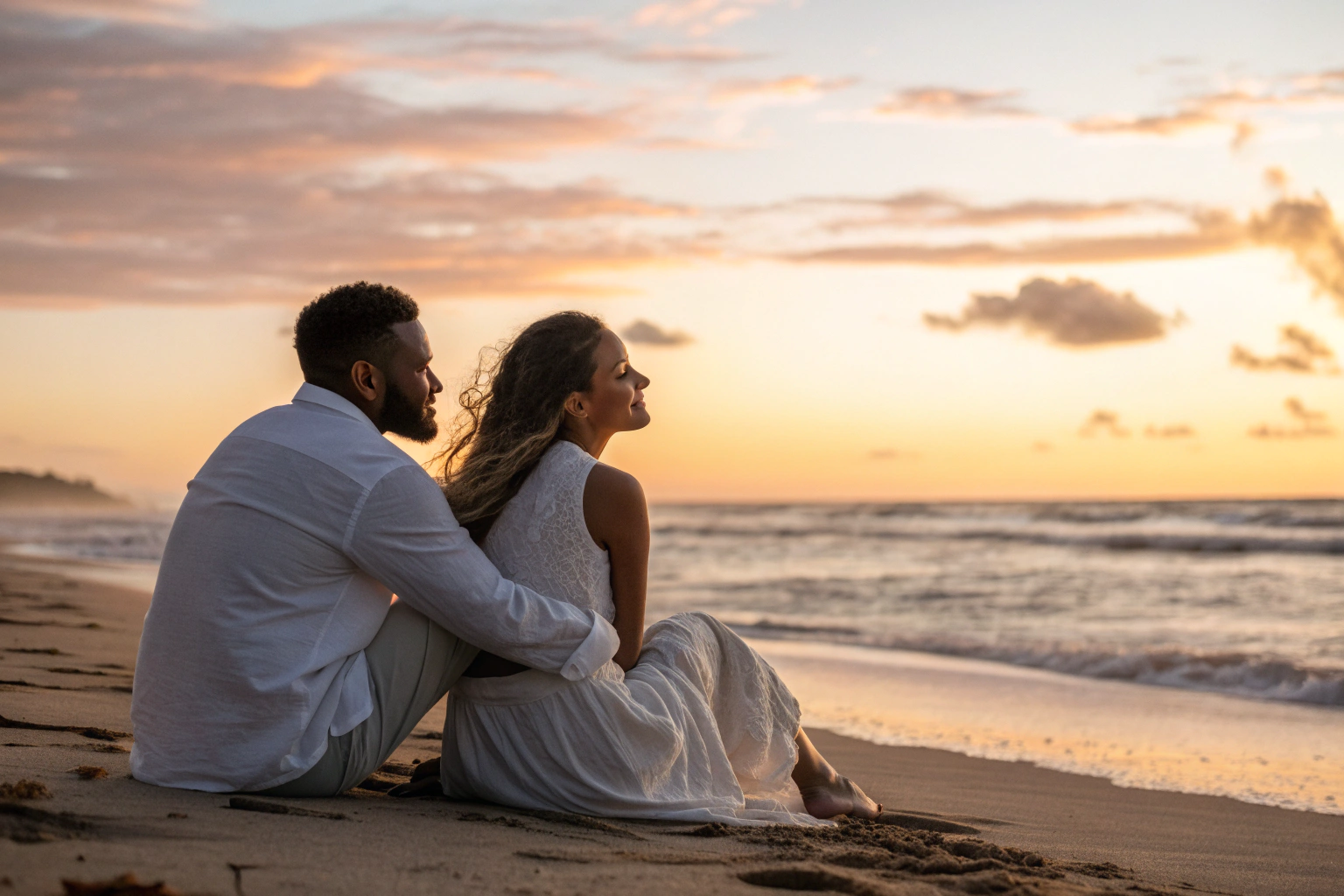 Stel zit verbonden naast elkaar op strand en kiest voor het wij