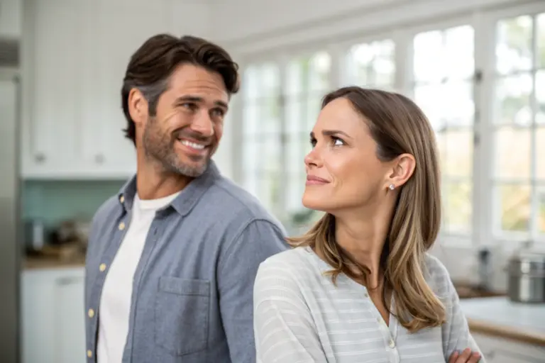 Koppel in keuken waarbij partner kritisch reageert op geluk van de ander