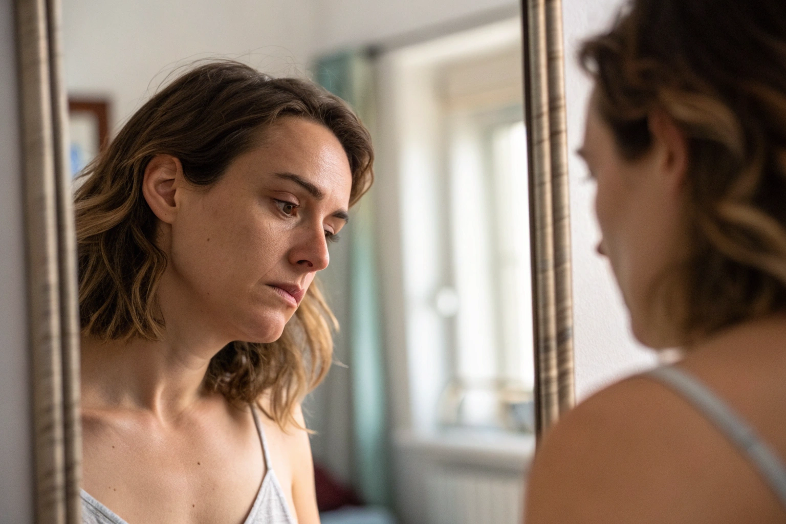 Vrouw kijkt naar zichzelf en reflecteert op patronen in haar relatie