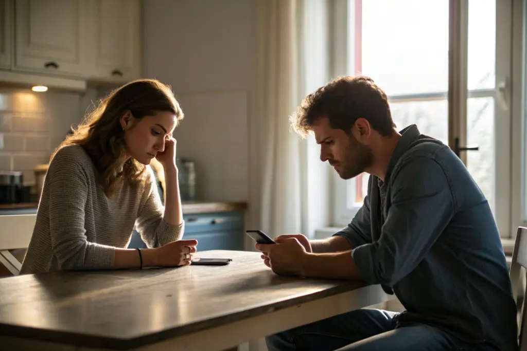 Vrouwelijke kracht in je relatie: stel aan keukentafel met emotionele afstand