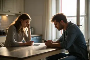 Vrouwelijke kracht in je relatie: stel aan keukentafel met emotionele afstand