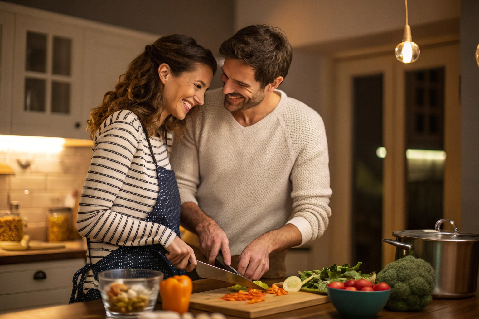 Stel kookt samen met waardering en vrouwelijke kracht in de relatie