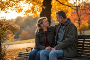 Stel op een bankje in het park tijdens de menopauze: partner steunt vrouw