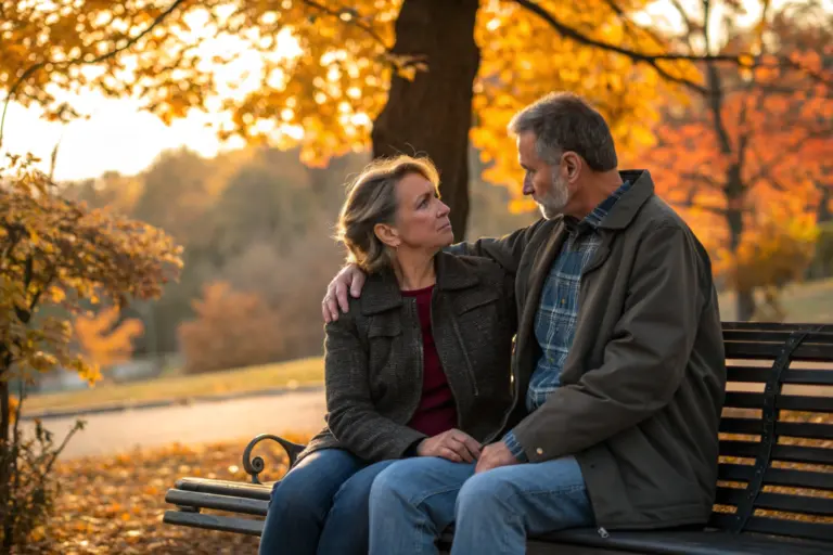 Stel op een bankje in het park tijdens de menopauze: partner steunt vrouw