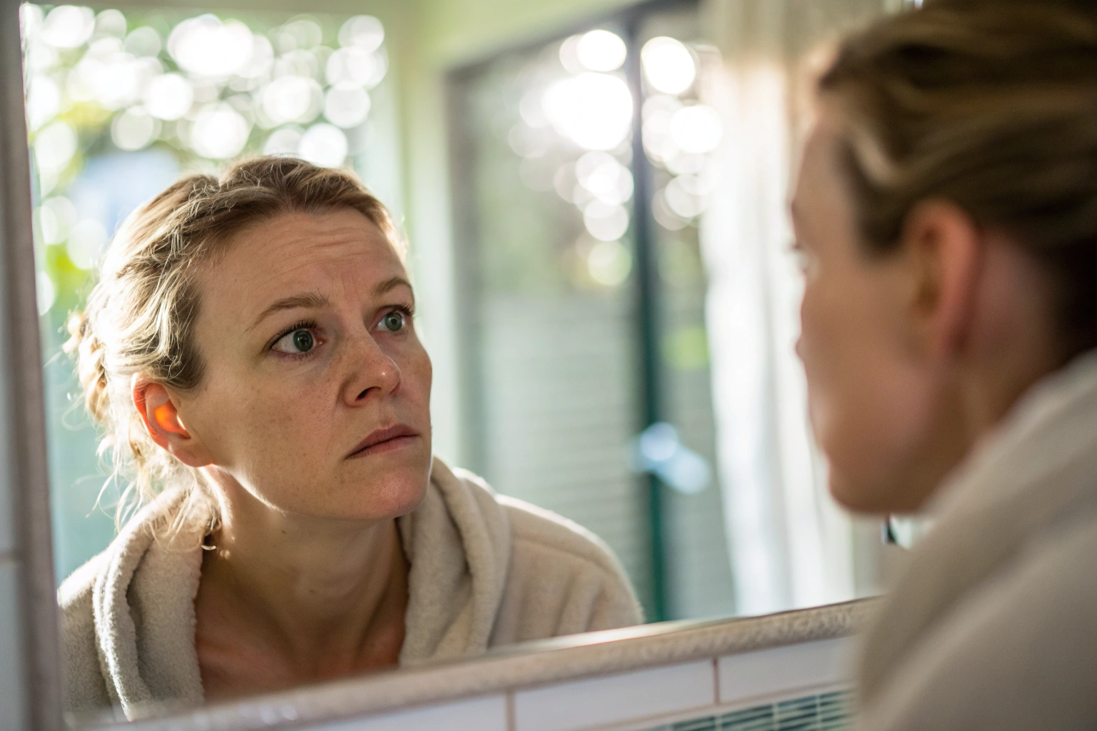 Vrouw kijkt verward in de spiegel bij het begin van de perimenopauze