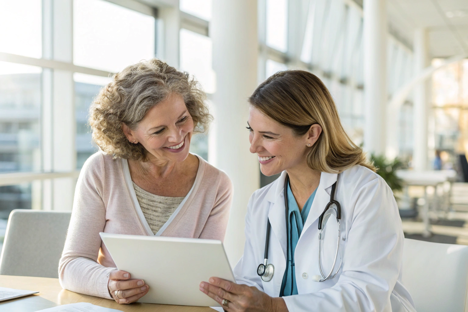 Vrouw in gesprek met arts over hormoontherapie bij menopauze