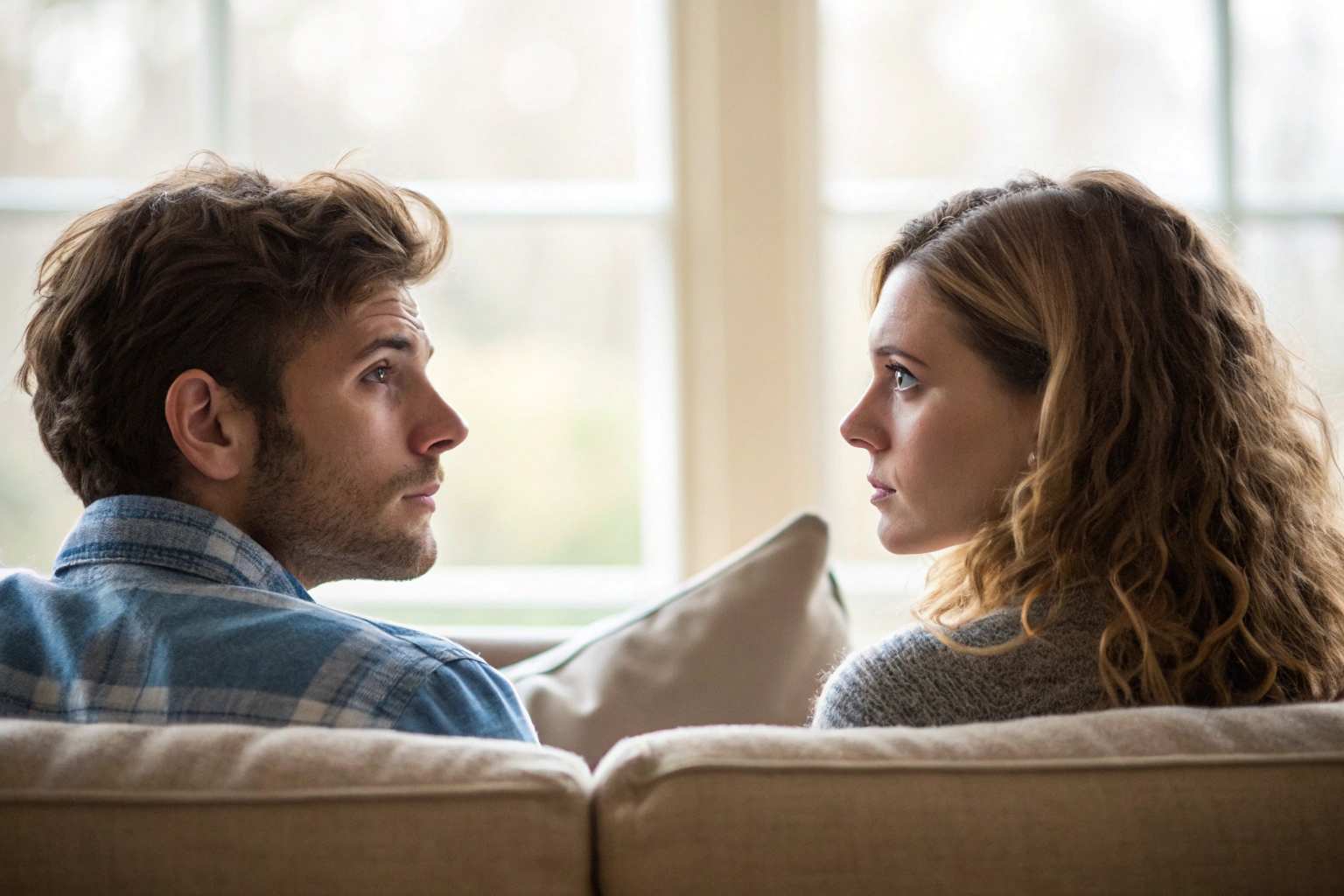Stel zit na op de bank en kijkt bedachtzaam weg van elkaar