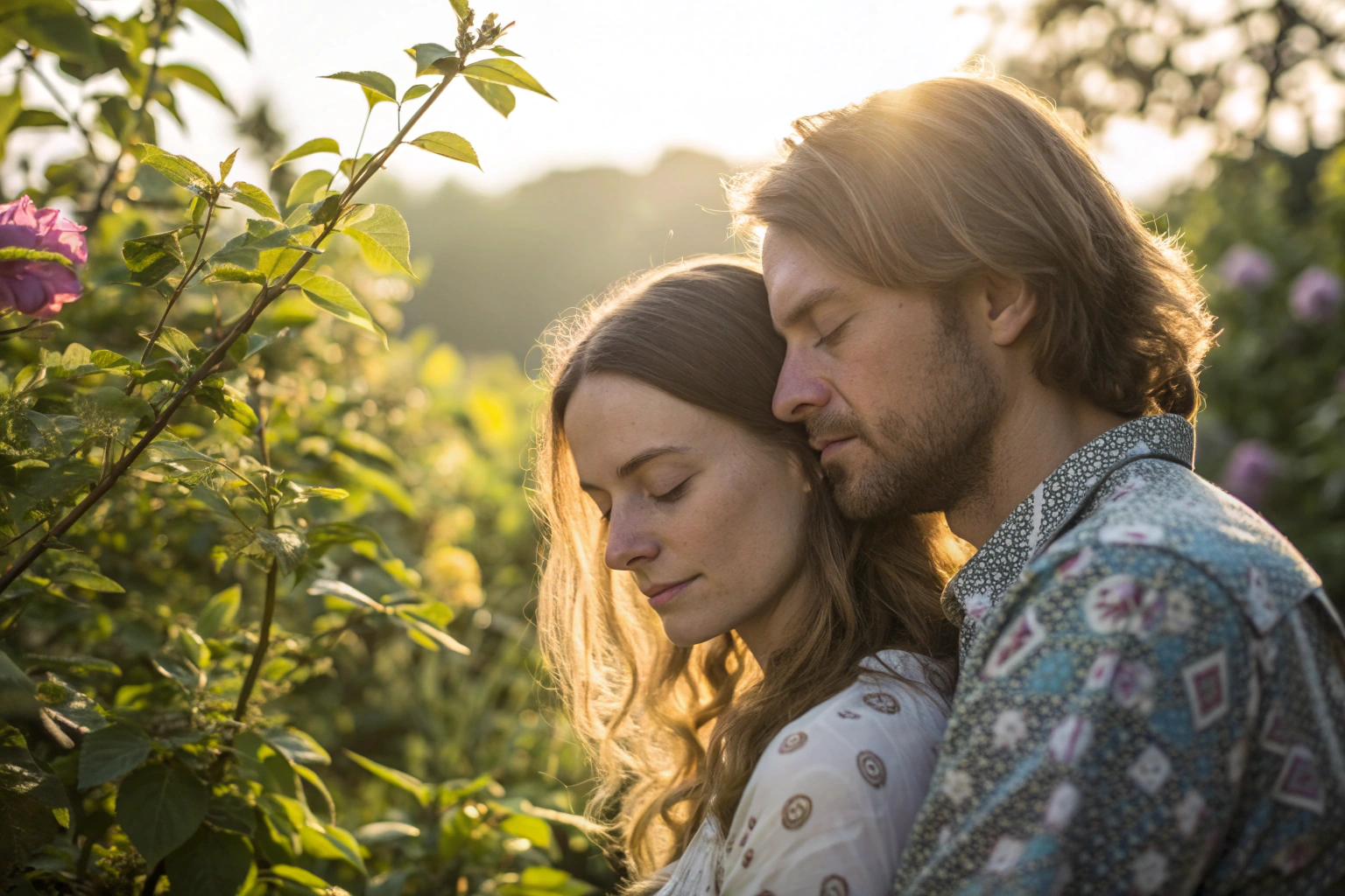 Rustig koppel omarmt elkaar in een zonnige tuin als symbool voor veilige hechting