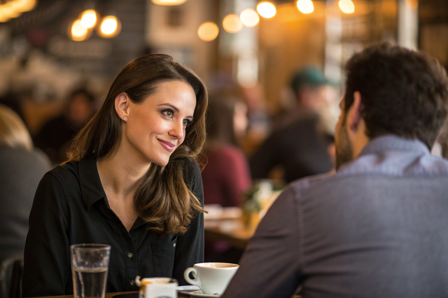 Vrouw observeert haar partner vanuit de verte in een cafe vol mensen