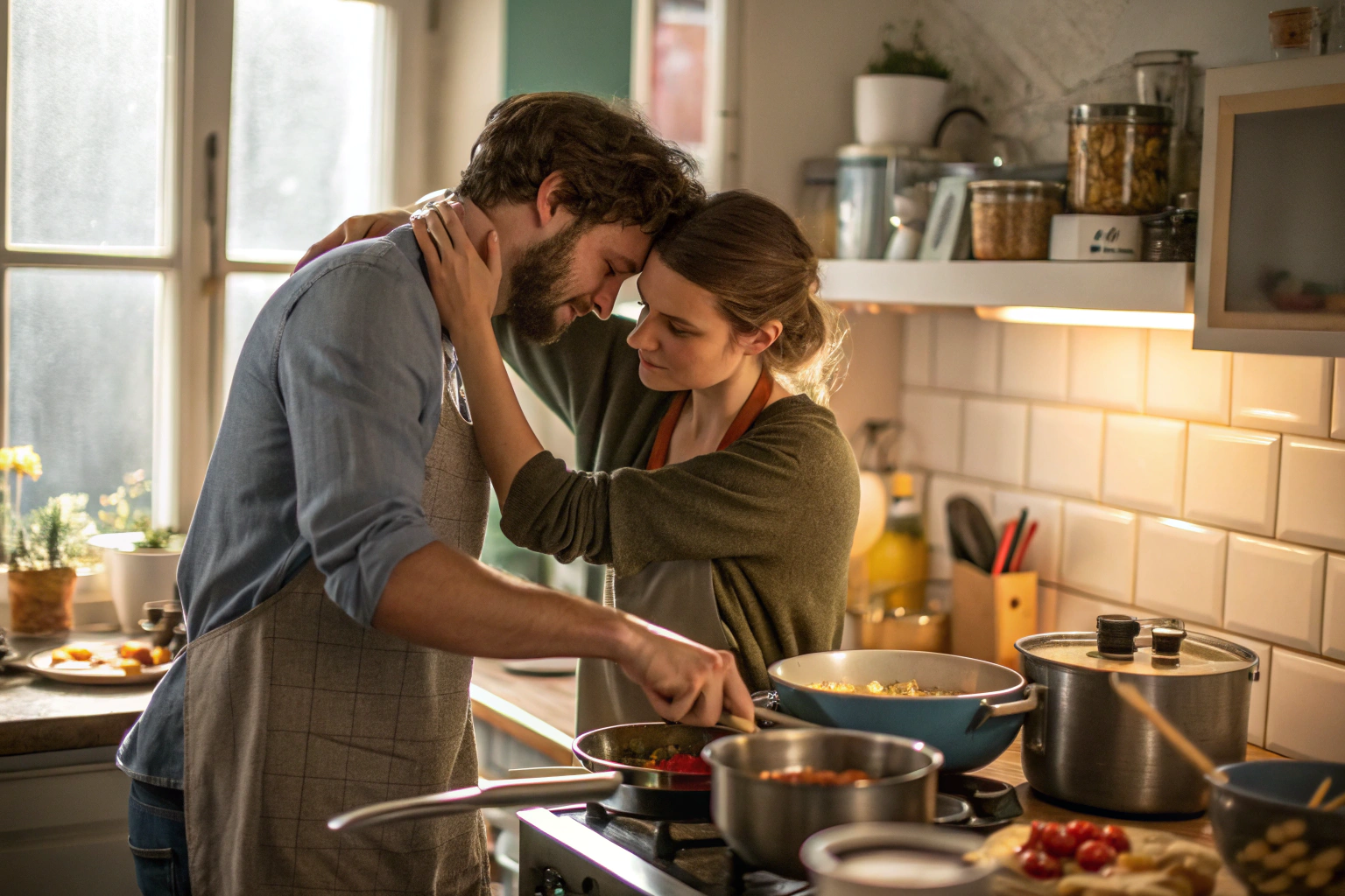 Koppel in de keuken waarbij context en stress het verlangen beinvloeden