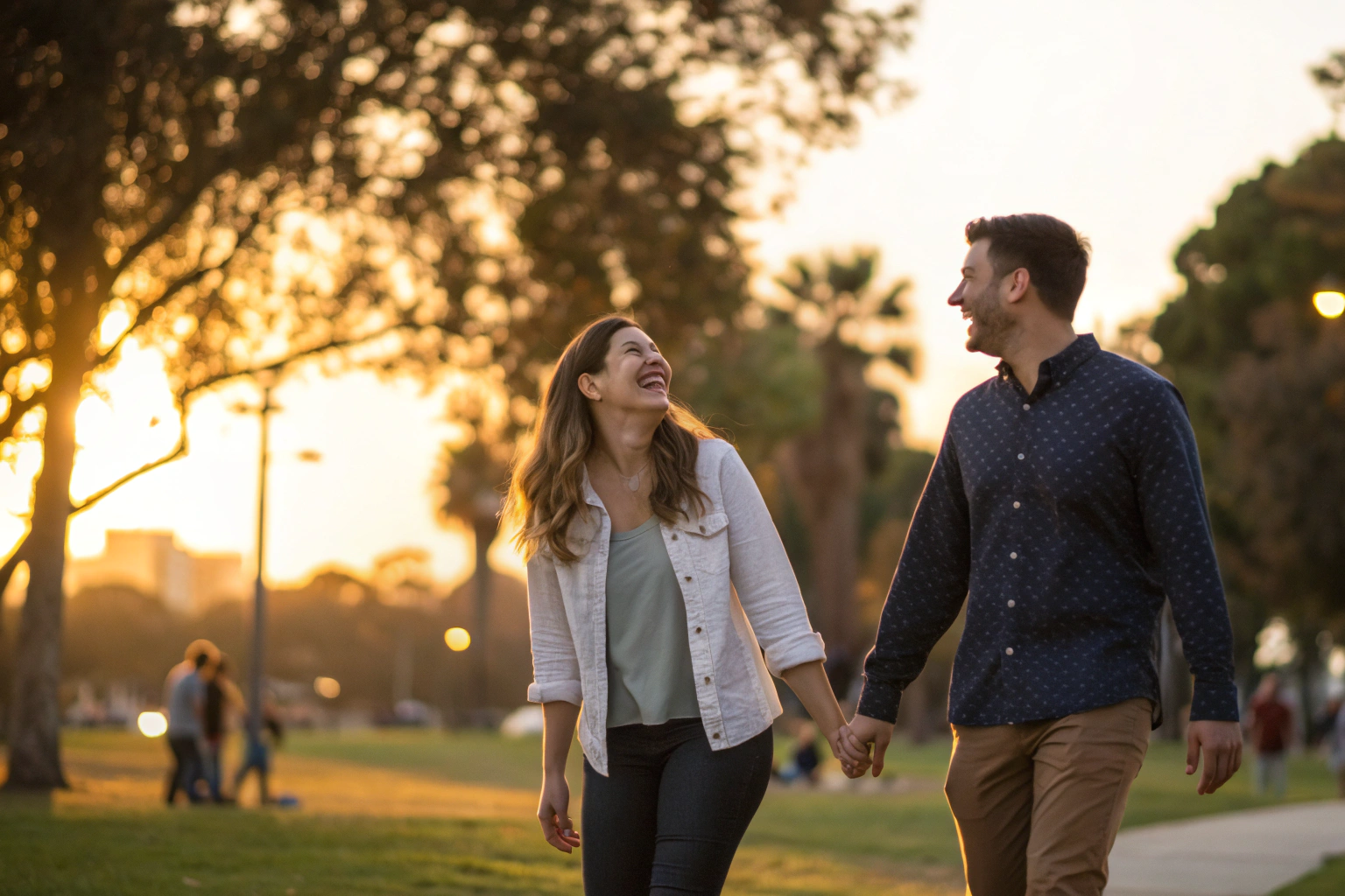 Koppel wandelt lachend hand in hand door een park bij zonsondergang