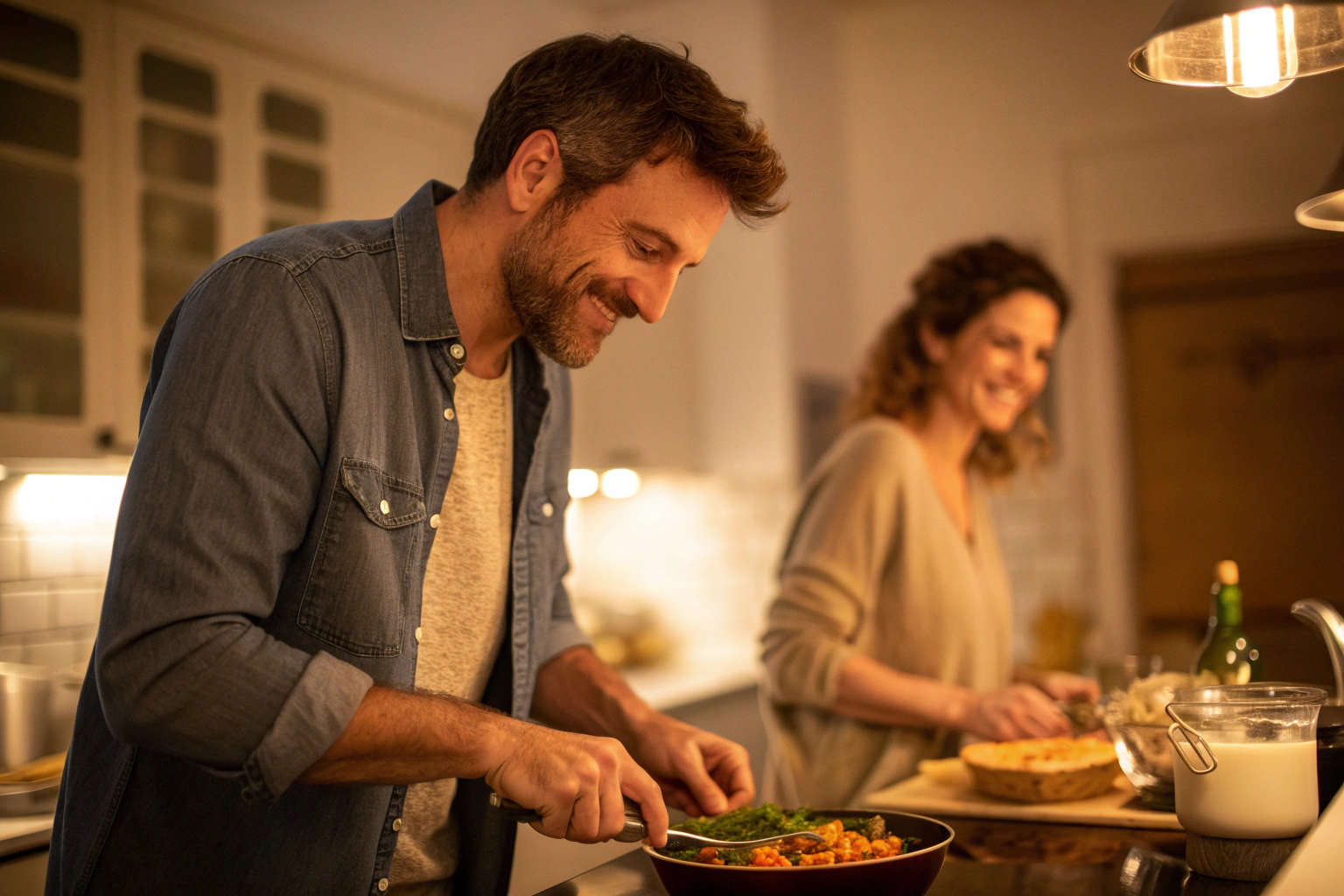 Man kookt met trots terwijl zijn partner hem waarderend aankijkt