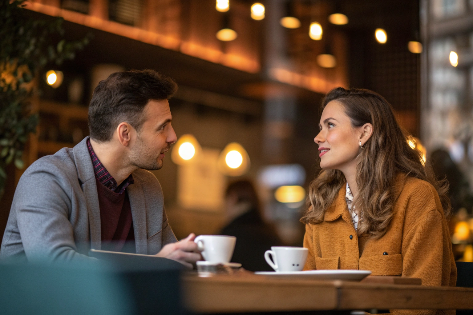 Stel in een café: hij deelt kwetsbaar iets terwijl zij luistert zonder oordeel