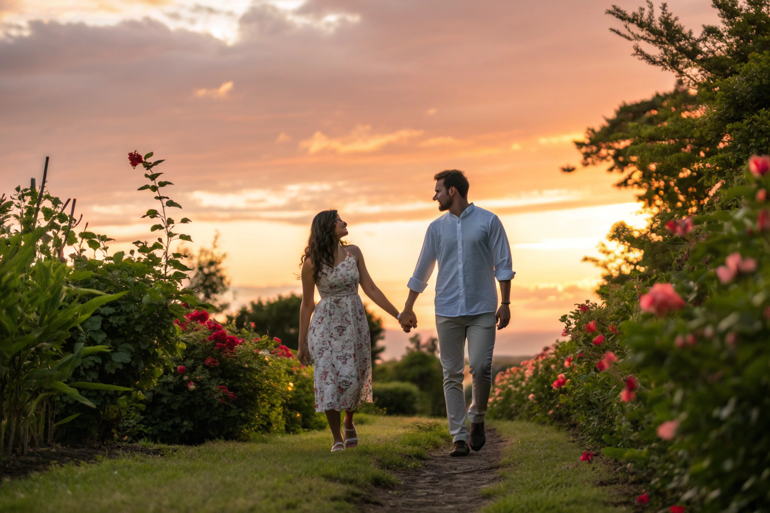 Stel loopt hand in hand door een tuin bij zonsondergang: kleine veranderingen maken het verschil